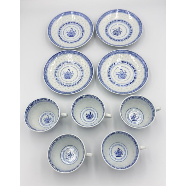 1970s Jingdezhen Rice Eye Grain Cups & Saucers Blue & White Porcelain 9pc Set For Sale - Image 10 of 10