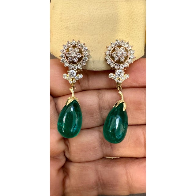 GIA Certified 28 Ct Emerald Cabochon & Diamond Drops Hanging Earrings 14 KYG This exquisite pair of earrings are...