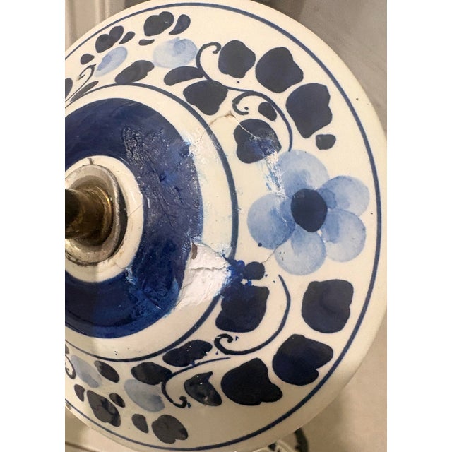 Mid 20th Century Delft Blue & White Porcelain Floral Hanging Chandelier Light Fixture 6 Arm For Sale - Image 10 of 10