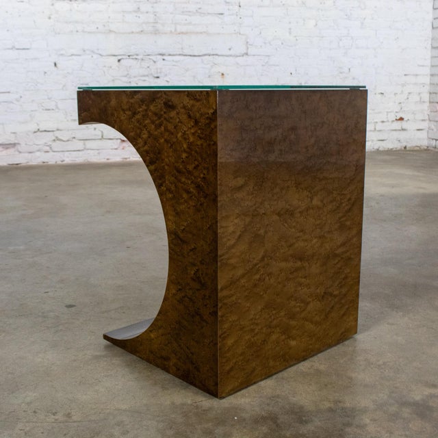 Late 20th Century Modern Geometric Crescent End or Side Table Burl Veneer With Rectangle Glass Top For Sale - Image 6 of 18