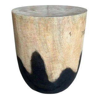 Solid Mango Wood Round Side Table, Modern Organic, Natural & Burnt Finish For Sale