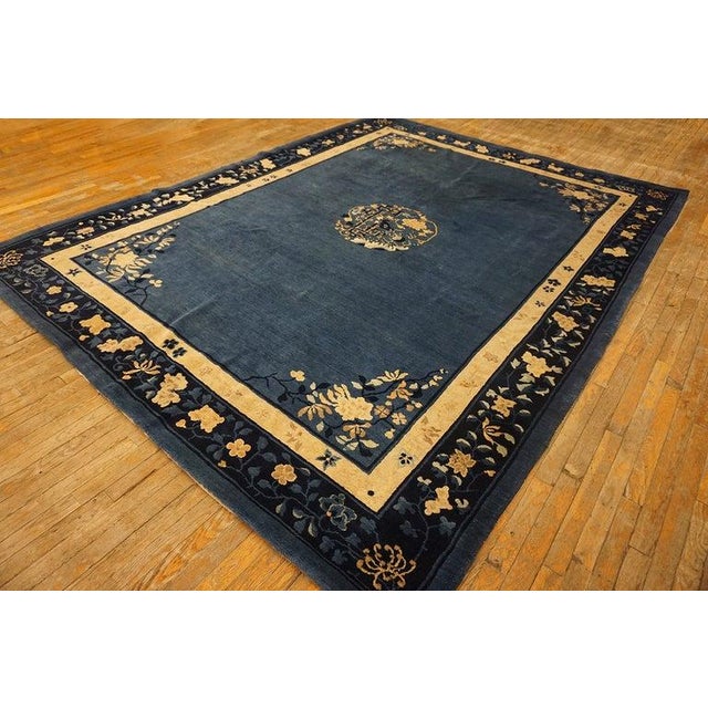 1920s Antique Blue Medallion Oriental Chinese Peking Hand Knotted Rug For Sale - Image 11 of 12