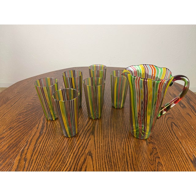 Blue Vintage Glasses with Murano Glass Carafe by Gio Ponti for Venini, 1950s, Set of 7 For Sale - Image 8 of 9