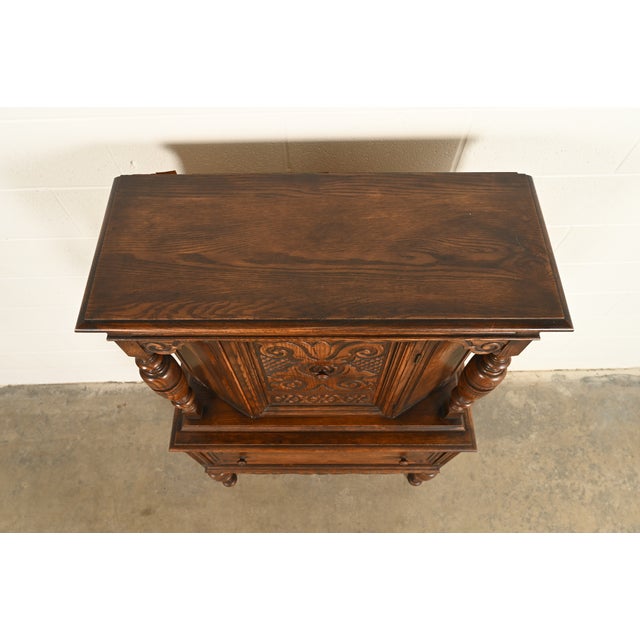 Wood Bernhardt Furniture Antique English Jacobean Carved Oak Bar Cabinet, Circa 1930s For Sale - Image 7 of 16