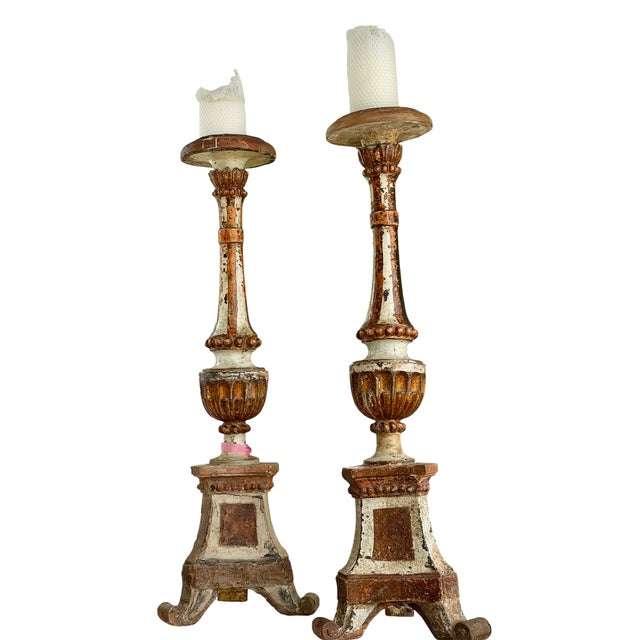 18th Century Italian Giltwood Cathedral Altar Candlesticks.