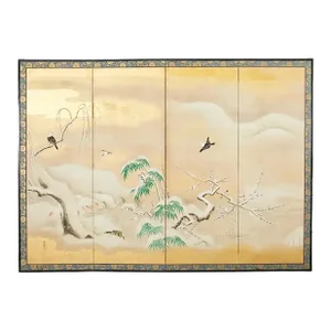 Japanese Showa Four Panel Screen Snowy Winter Landscape