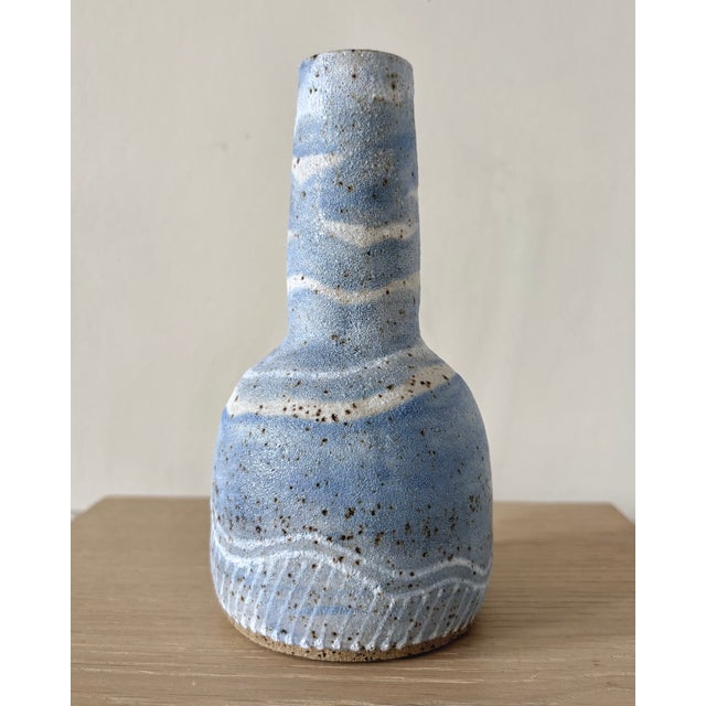 American Studio Pottery Bottle Vase in Blue and White, New York For Sale - Image 4 of 6