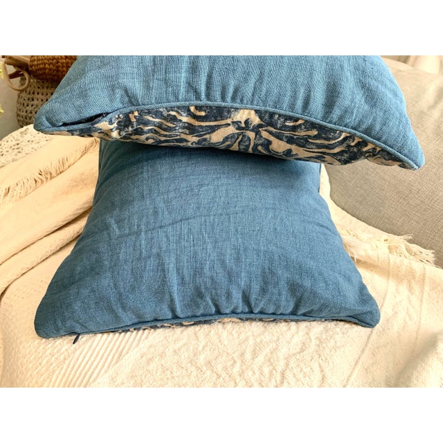 Pair Vintage Lauren Ralph Lauren Decorative Pillow Landing Damask Blue Scroll Design 18” X 18” For Sale - Image 10 of 12