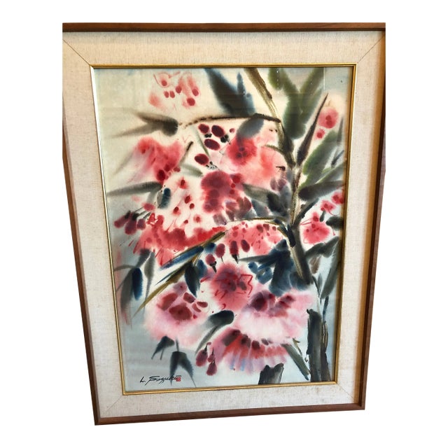 Lewis Suzuki C. 1960s California-Style Floral Watercolor on Paper by (With Walnut Frame, Linen Mat and Fillet) For Sale