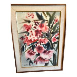 Lewis Suzuki C. 1960s California-Style Floral Watercolor on Paper by (With Walnut Frame, Linen Mat and Fillet)