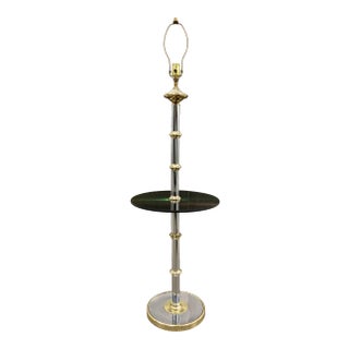 Modernist Faux Bamboo Chrome & Brass Floor Lamp With Glass Tray Table in Mastercraft For Sale
