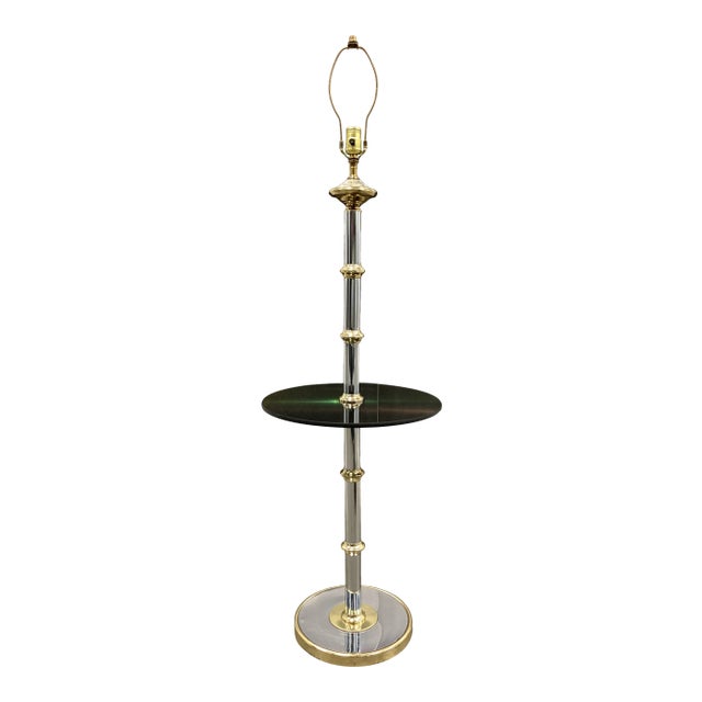Modernist Faux Bamboo Chrome & Brass Floor Lamp With Glass Tray Table in Mastercraft For Sale