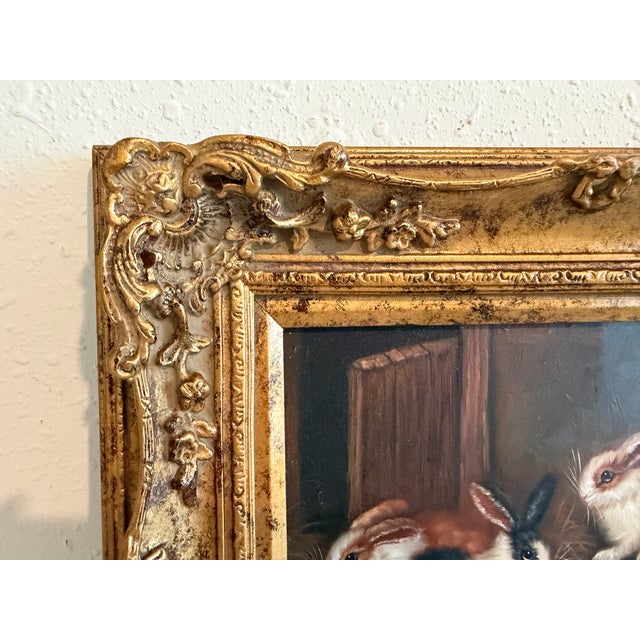 Vintage R Mario Oil Painting Three Rabbits Bunnies Farmhouse Art Gold Frame For Sale - Image 4 of 10