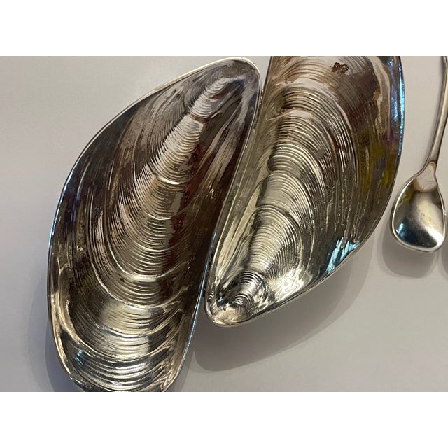 Metal Vintage Silver Mussel Salt and Pepper Holder With Spoons - 3 PCS For Sale - Image 7 of 11