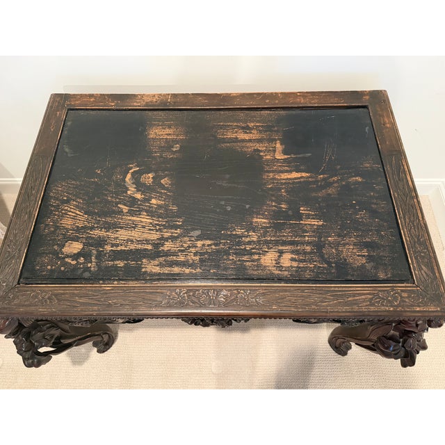 Late 19th Century Antique French Art Nouveau Hand-Carved Walnut Writing Desk With Iris & Dragonfly Motifs For Sale - Image 5 of 6