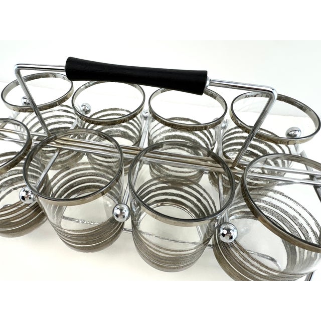 1960s 1960s Mid-Century Modern Silver Rim Cocktail Glasses With Chrome Carrier - Set of 8 For Sale - Image 5 of 10