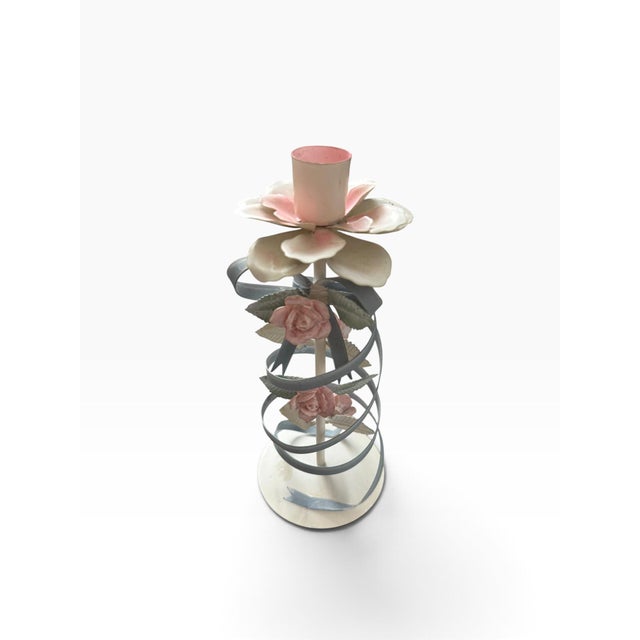 Late 20th Century Vintage Tole Ribbon & Floral Candlestick Holder, Blue Ribbon & Pastel Flowers For Sale - Image 5 of 6