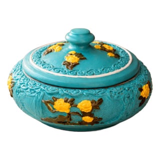 Vintage Style Turquoise Blue Round Trinket Box With Yellow Raised Floral Relief Florentine Plaster For Sale