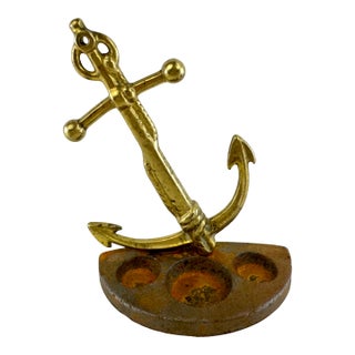 Vintage 1940's Brass Anchor Desk Inkstand on Cast Iron Base | Nautical Maritime Desk Accessory For Sale