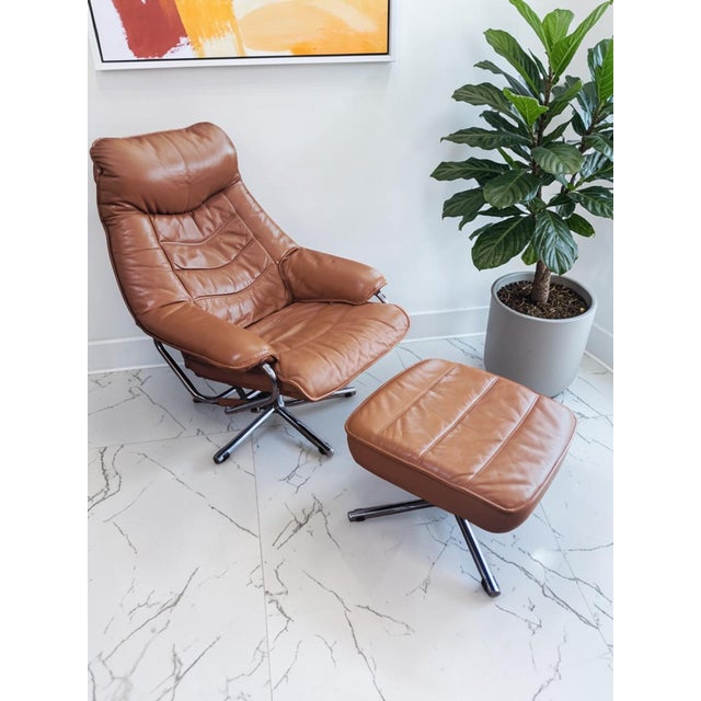 Tan Set of Mid-Century Modern Leather Lounge Chair and Ottoman from Skoghaug Industri, 1980 For Sale - Image 8 of 18