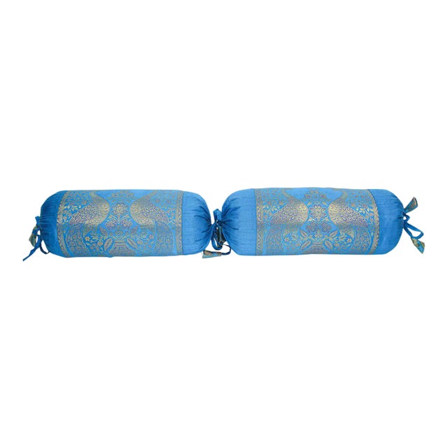 Bolster Pillows Turquoise Blue and Gold Colors with Peacock - A Pair For Sale