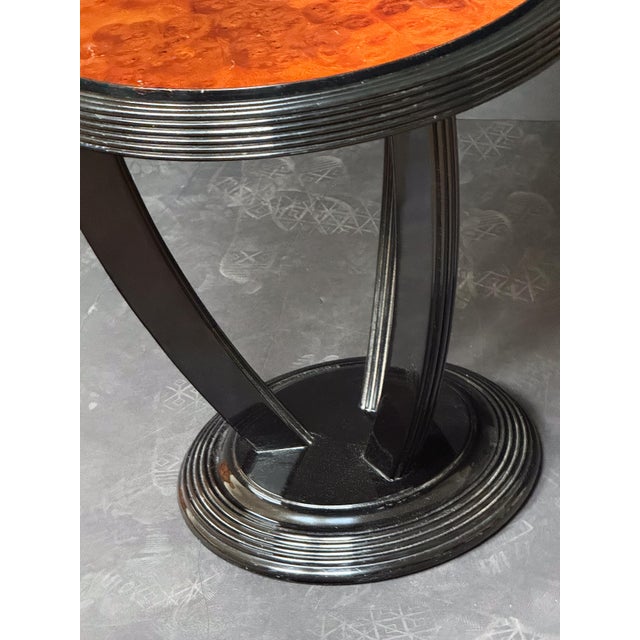 Wood French Art Deco Ebonized Round Side Table With Burl Walnut Top - Two Available For Sale - Image 7 of 11