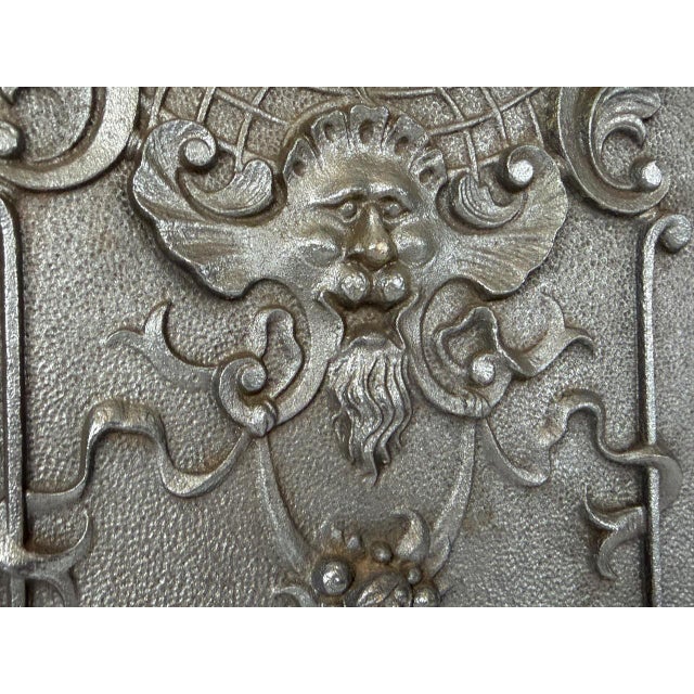 Antique Renaissance Revival Mascaron Grotesque Cast Iron Fireback For Sale - Image 4 of 10