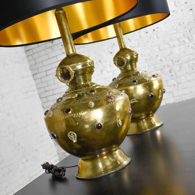 Mid 20th Century Tibetan Brass Lamps Hand Hammered With Glass Jewel Detail & New Black Shades, a Pair For Sale - Image 6 of 14