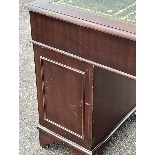 Pedestal Desk in Flame Veneer Mahogany with Green Leather Top For Sale - Image 10 of 13