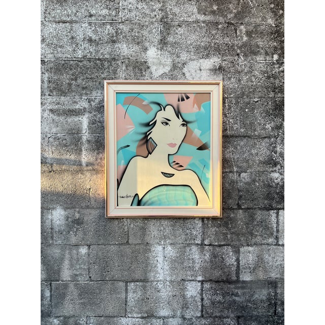 1980s Post Modern Oil Painting in the Patrick Nagel Style, Framed and Signed by the Artist. Circa 1980s. For Sale - Image 5 of 15