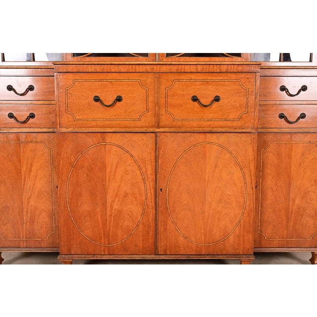 Baker Furniture Georgian Inlaid Mahogany Breakfront Bookcase Cabinet With Drop Front Secretary Desk, Circa 1960s For Sale - Image 9 of 14