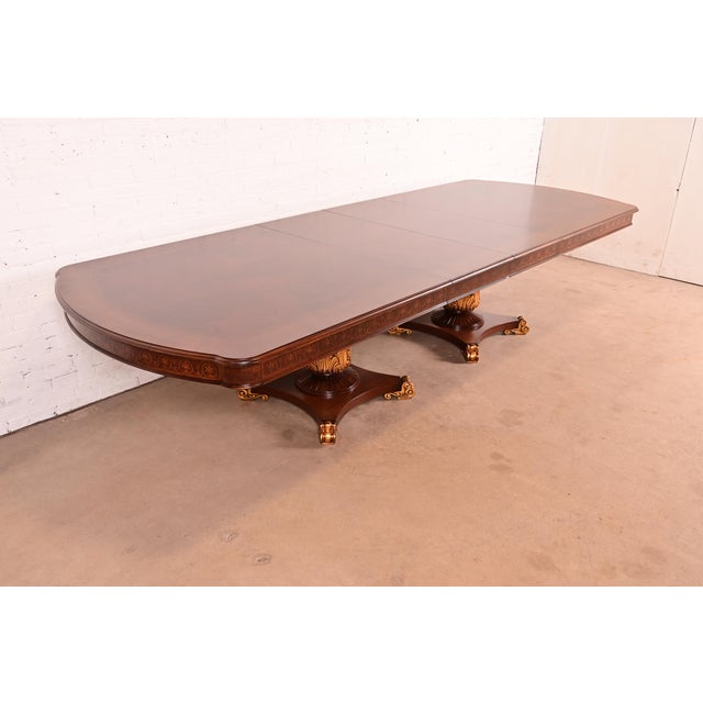 Late 20th Century Karges Furniture Style Italian Neoclassical Inlaid Burl Wood and Parcel Gilt Extension Dining Table, Newly Refinished For Sale - Image 5 of 16