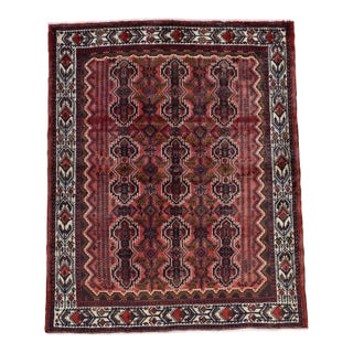 Hamedan Rug 5'3'' X 6'4'' Red Wool Tribal Semi-Antique Hand-Knotted Carpet For Sale