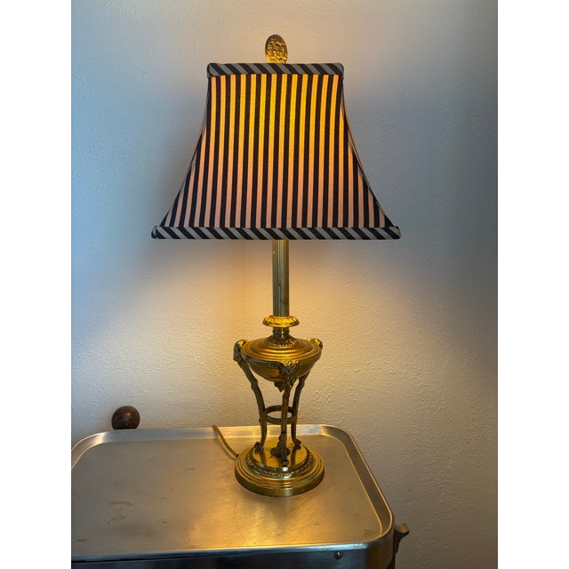 1960s Hollywood Regency Brass Ram Lamp With Silk Striped Shade For Sale - Image 4 of 8
