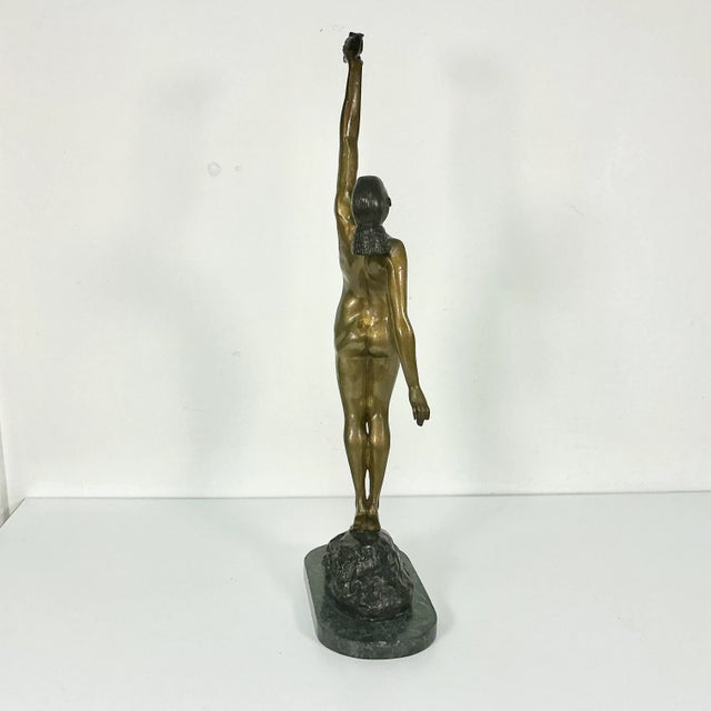 Vintage French Art Deco Pierre Le Faguays Bronze Nude Sculpture, Girl With Dove For Sale - Image 11 of 18