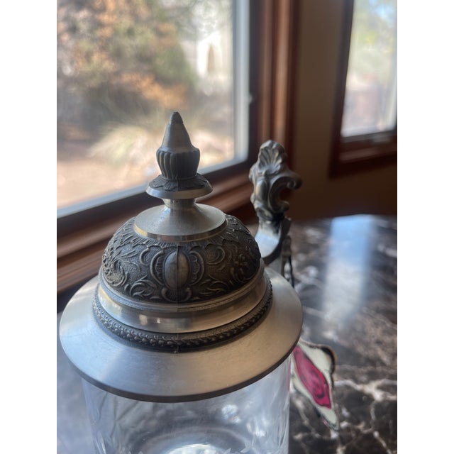 German Etched Glass Stein with handle and Pewter Lid by Rastal. Makers Tag.