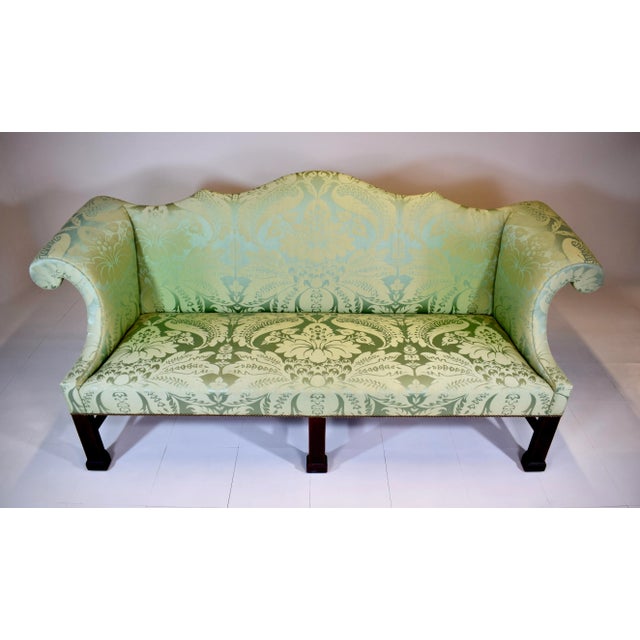 Custom George III Mahogany Camel Back Sofa With Damask Silk Upholstery For Sale - Image 4 of 16