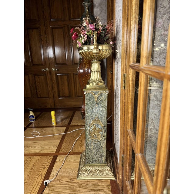 Metal Mid 20th Century Pair of Empire Style Verde Marble and Gilt Mounted Pedestal Columns For Sale - Image 7 of 7