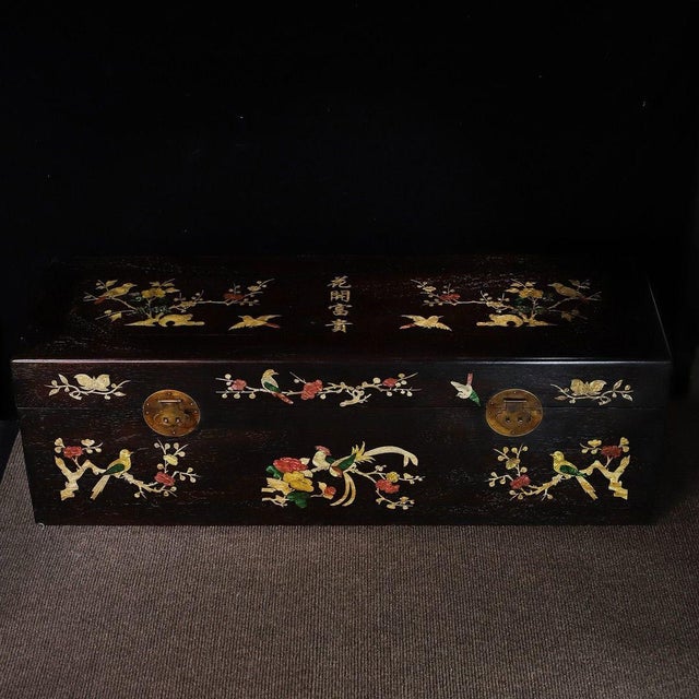 Large Vintage Zitan Wood Treasure Box With Mother-of-Pearl Bird & Floral Inlay For Sale - Image 4 of 10