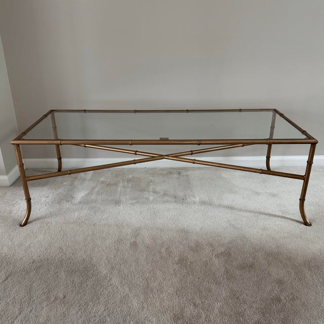 Hollywood Regency Vintage Hollywood Regency Style Gilt Faux Bamboo and Glass Coffee Table For Sale - Image 3 of 7