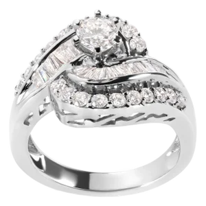 14K White Gold 1.00 Cttw Round and Baguette cut Diamond Swirl Cocktail Ring (H-I Color, SI2-I1 Clarity) - Ring Size 7