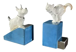 Art Deco Asymmetrical Bookends in White Blue Chrome & Ceramic, 1930s, Set of 2