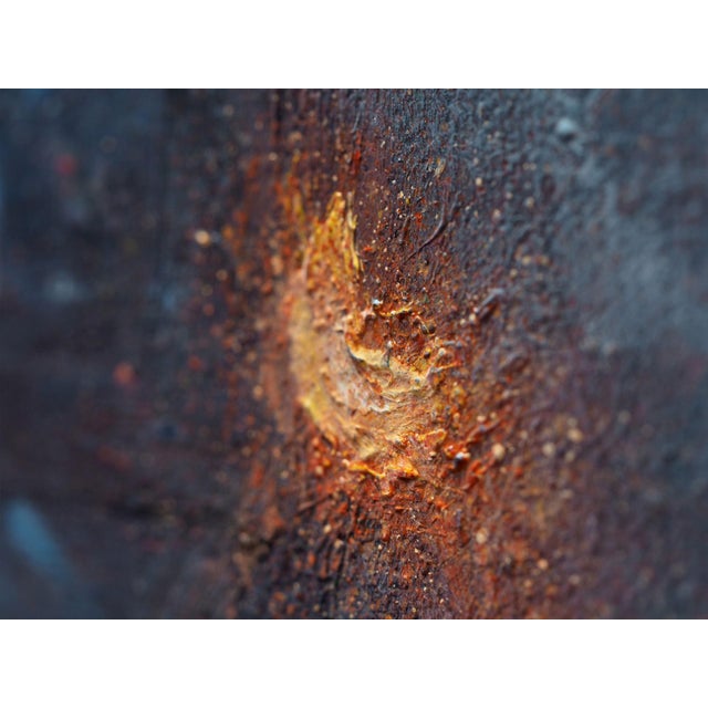 This oil on canvas artwork presents a surreal scene where an astronaut, clad in a reflective helmet, interacts with a...