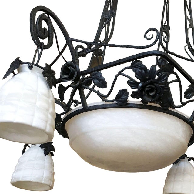 Mid-Century Modern 1990s French Country Style Wrought Iron 4 Light Chandelier W/ Alabaster Shades For Sale - Image 3 of 7