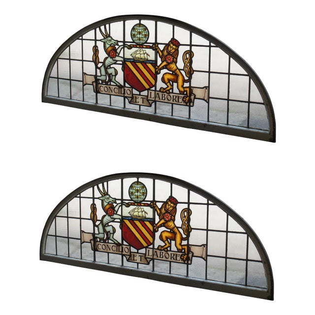 Set of 2 Antique Manchester English Stained Glass Palladian Windows Coat of Arms For Sale