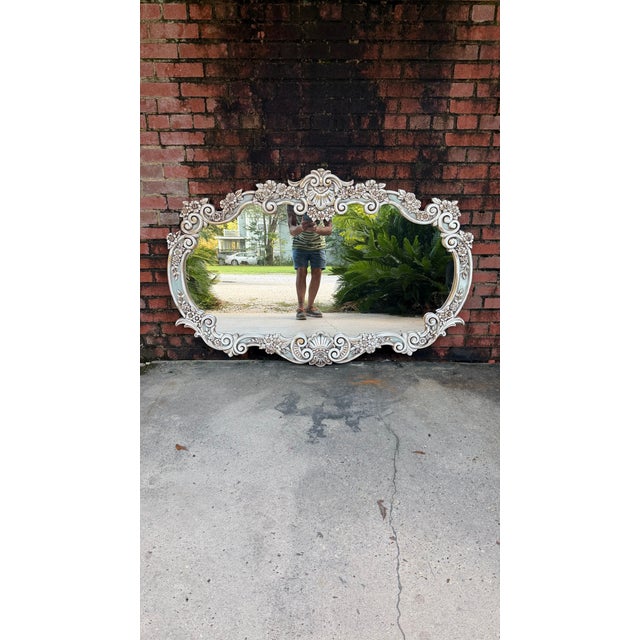 1960s Rococo Revival Wall Mirror Newly Painted in Swedish Gustavian Style Linen White and Light Blue For Sale - Image 14 of 15