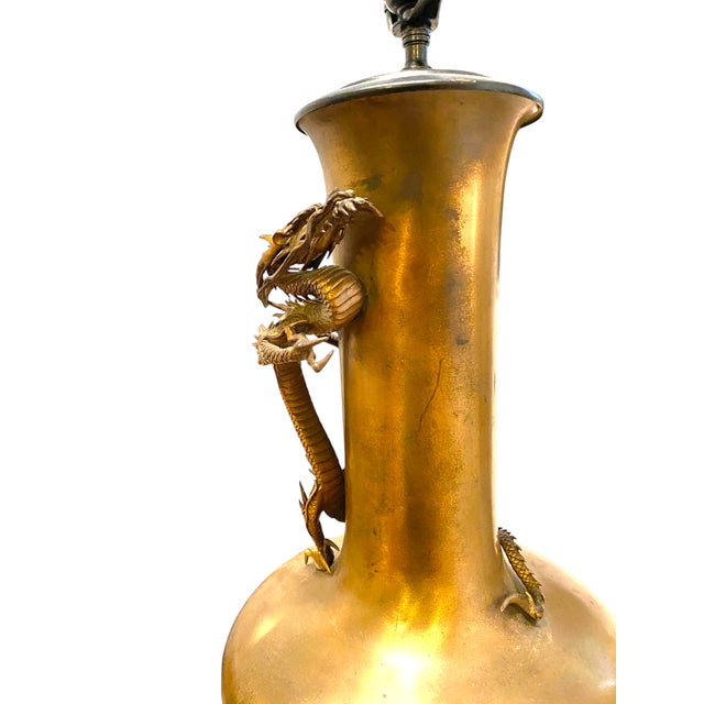 Bronze Antique Japanese Bronze High Relief Dragon Lamp Large 36" Meiji Period With Engraved Base For Sale - Image 8 of 18