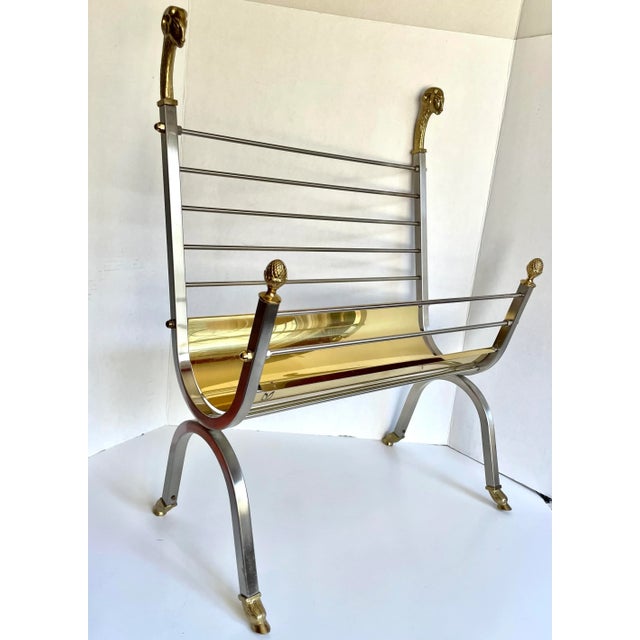 Mid 20th Century Italian Maison Jansen Style Brass and Steel Rams Head Magazine Rack For Sale - Image 9 of 13