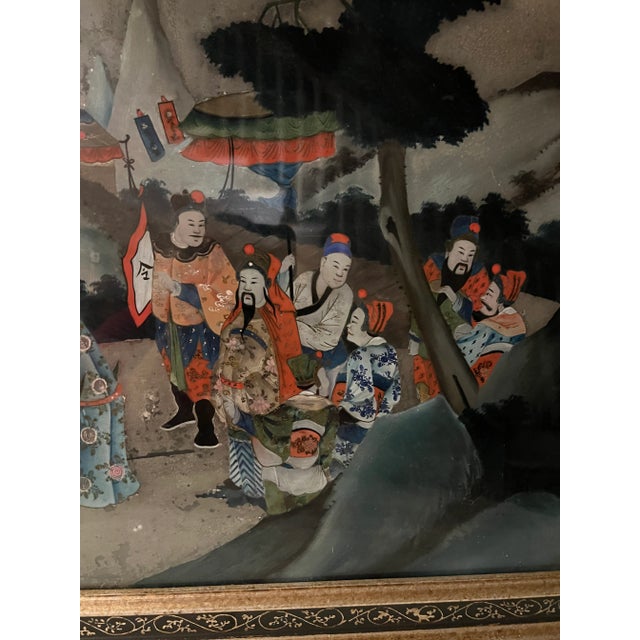 18th Century Chinese Reverse Figurative Landscape Panting on Glass, Framed For Sale - Image 4 of 11