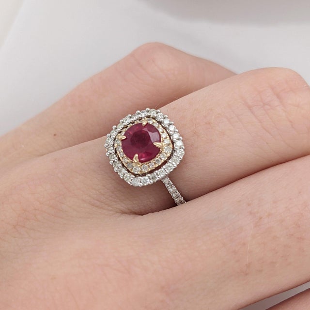 Contemporary Statement Ruby Ring With a Double Halo of Diamonds: Solid 14k Gold, 6mm, Size 6.75 For Sale - Image 3 of 9